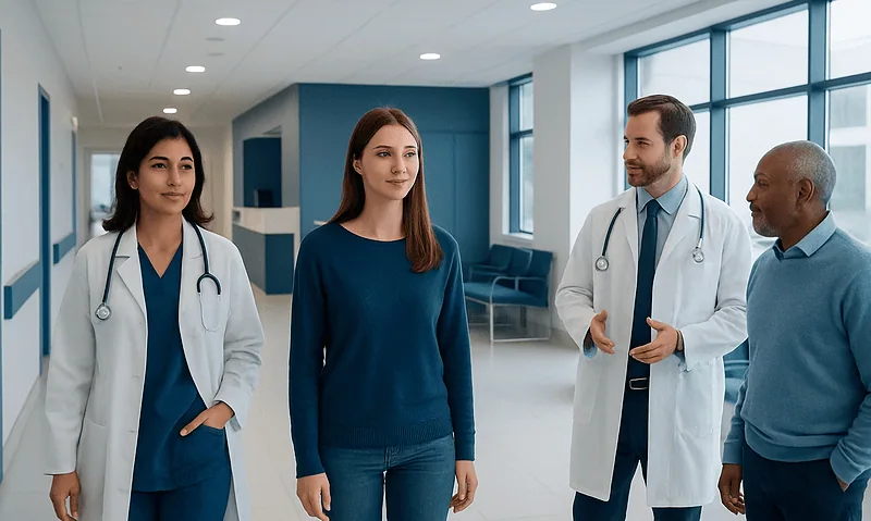 Medical team discussing patient care in hospital corridor.