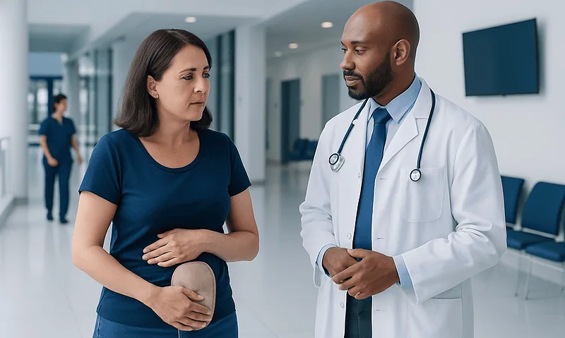 Doctor consulting a patient with a colostomy bag in a hospital corridor.