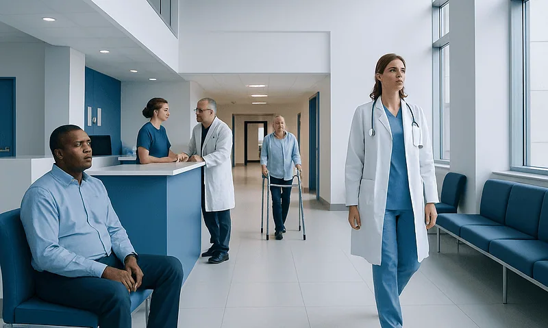 Healthcare professionals and patient in a modern hospital corridor.