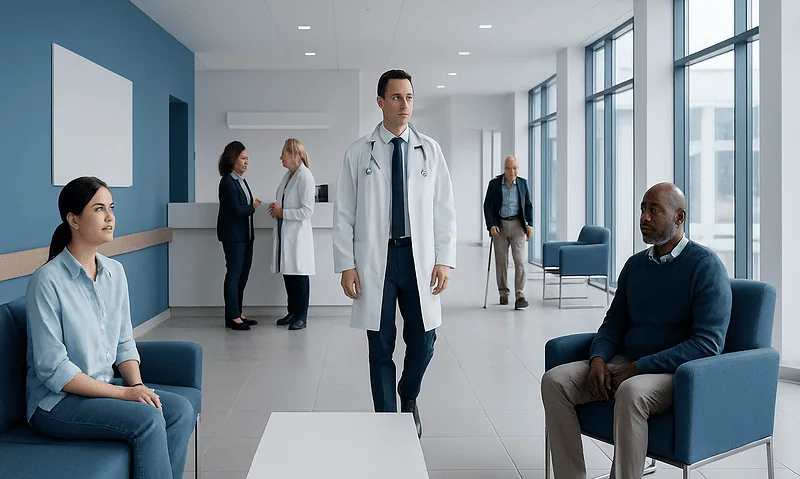 Medical consultation in a modern hospital waiting area with diverse staff and patients.