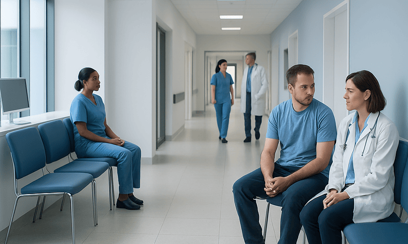 Medical consultation in hospital corridor with patients and doctors.