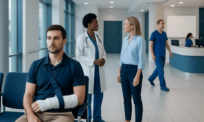 Patient with arm injury waiting in hospital lobby with medical staff nearby.