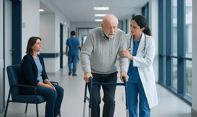 Elderly man with walker receiving assistance from a nurse in hospital corridor.