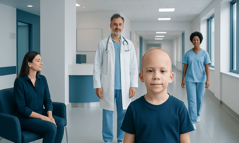 Child with frontal bossing in a hospital corridor with medical staff.