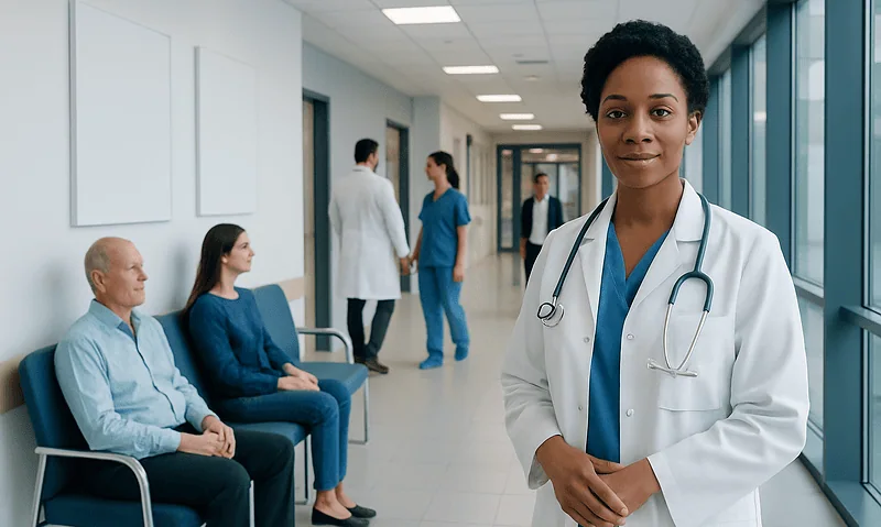 Healthcare professional in hospital corridor with patients and staff.