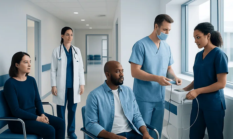 Medical team consulting patient in hospital corridor with large window.