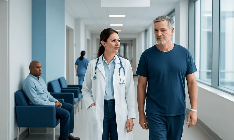 Doctor and patient walking in hospital corridor with waiting area.