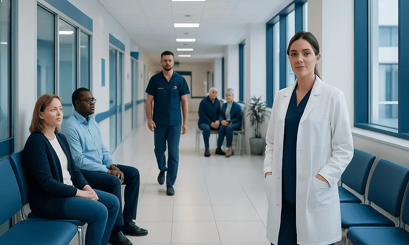 Medical professionals and patients in a hospital corridor at Acibadem Hospitals Group.