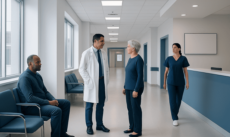 Doctor consulting with elderly patient in hospital corridor.