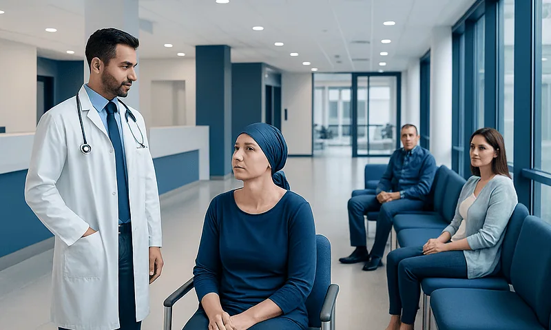 Gastric Cancer Natural Treatment: How It Works, Results and What to Expect 18 Doctor consulting with a female patient in a hospital corridor.