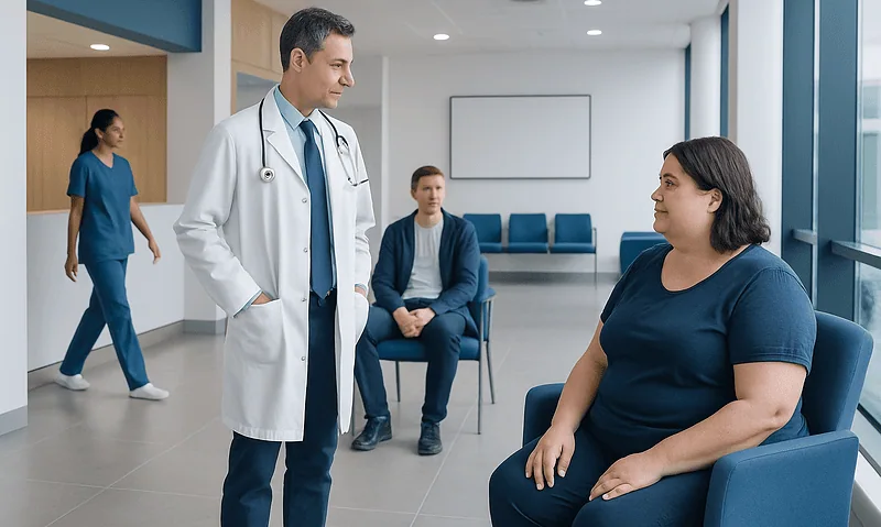 Doctor consulting a patient in a hospital waiting area.