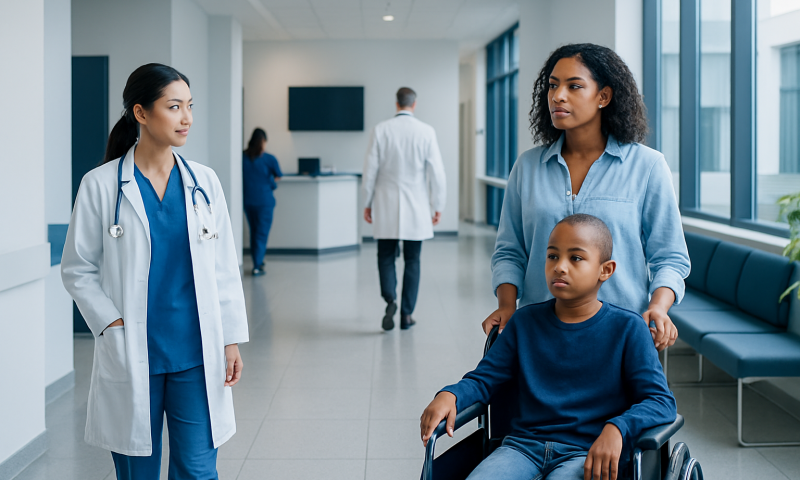 Hospital scene with medical staff and a young patient in a wheelchair.