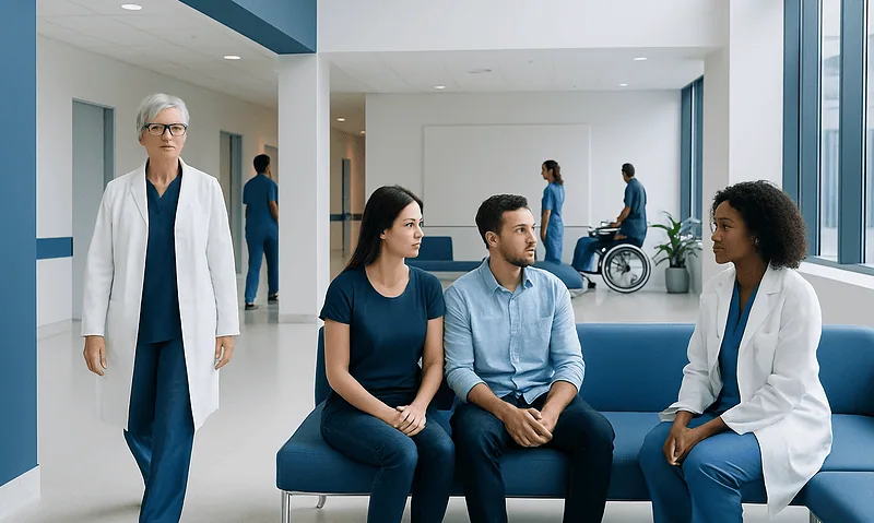 Medical consultation in a modern hospital waiting area with diverse staff and patients.