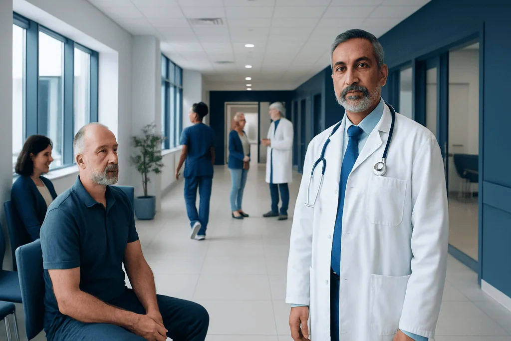 Genetic Screening for Prostate Cancer: How It Works, Results and What to Expect 1 Doctor consulting with patient in hospital corridor.
