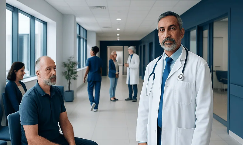 Doctor consulting with patient in hospital corridor.