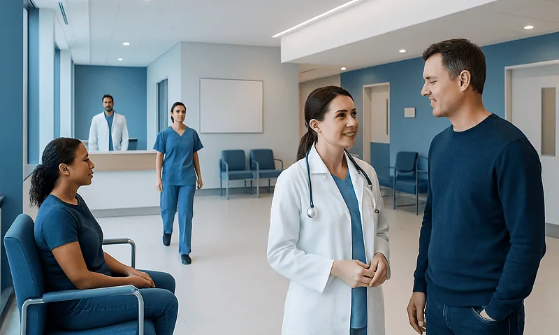 Healthcare professionals and patient in a modern hospital corridor.