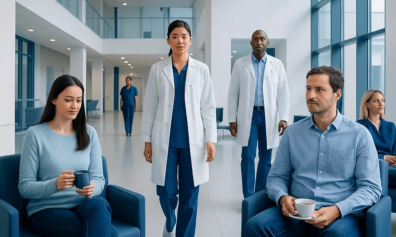 Medical professionals and patients in a modern hospital lobby.