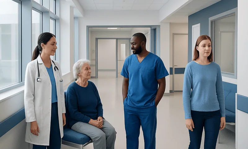 Healthcare professionals and patient in hospital corridor at Acibadem Hospitals Group.