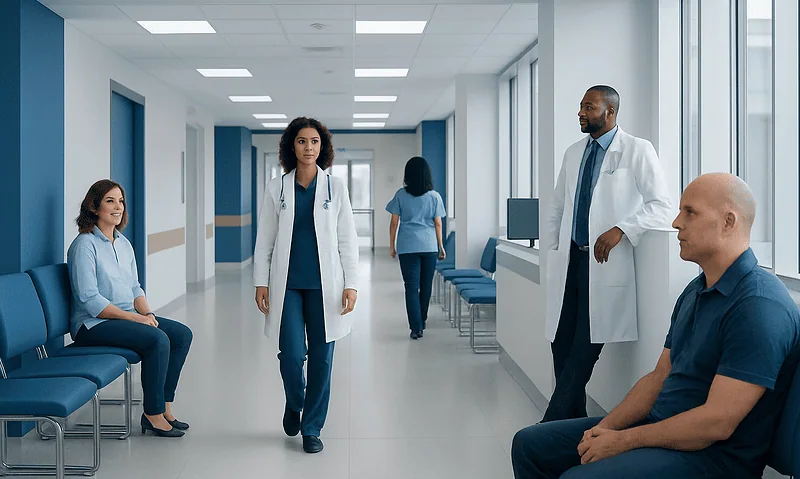 Medical professionals and patients in a hospital corridor at Acibadem Hospitals Group.