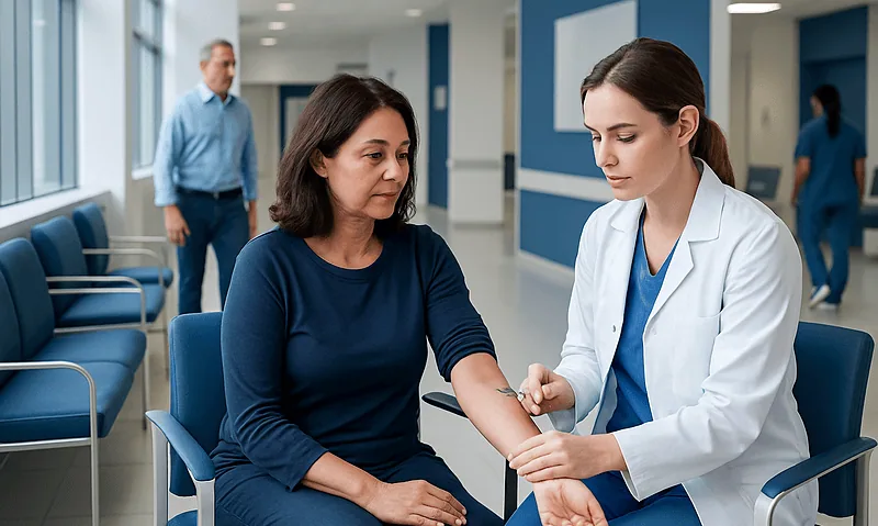 Doctor checking patient's arm in a hospital corridor.