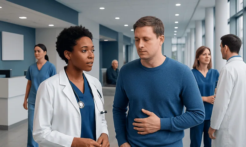 Health Library 10 Doctor consulting with a patient in a hospital corridor.
