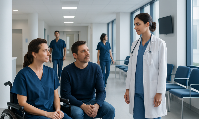 Medical consultation with a doctor and patients in hospital corridor.