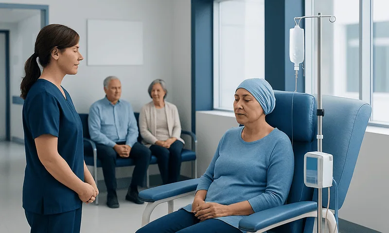 Patient receiving chemotherapy treatment in a hospital clinic.