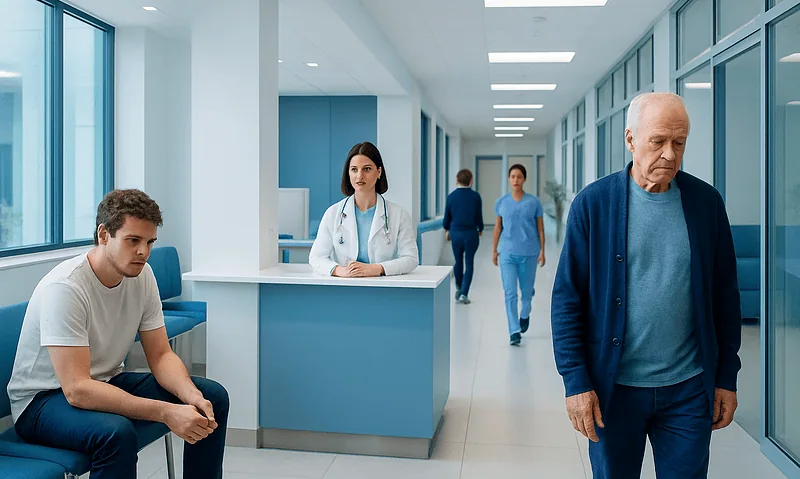 Patients and medical staff in a modern hospital corridor.