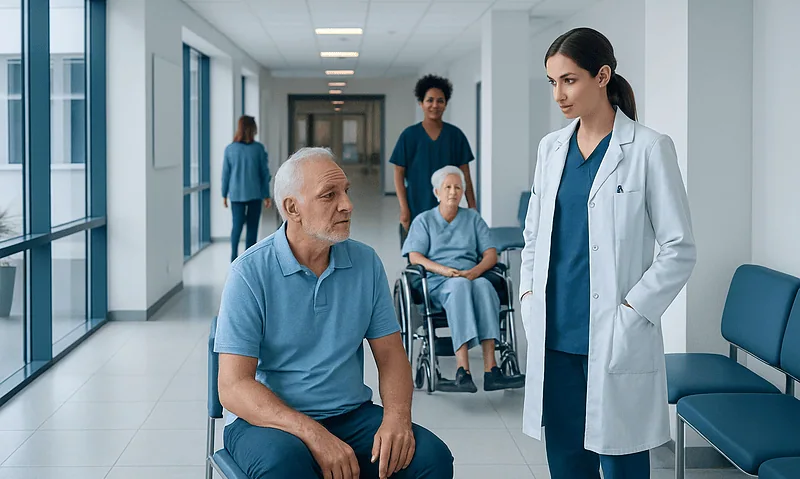 Healthcare professionals and elderly patients in hospital corridor.