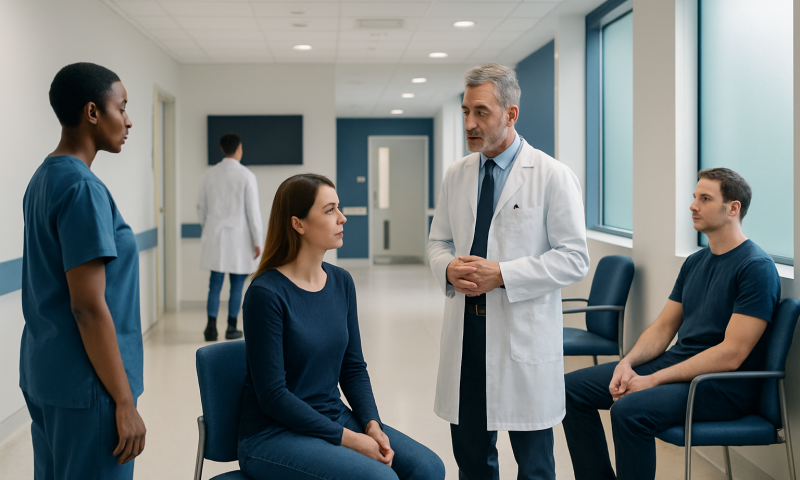 Doctor consulting female patient in hospital corridor with staff and patient in background.