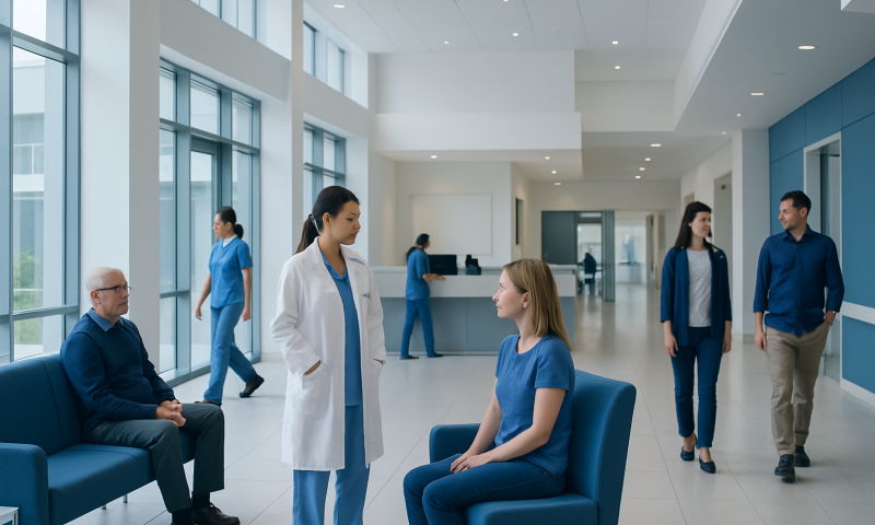 Modern hospital lobby with medical staff and patients in a bright, spacious setting.