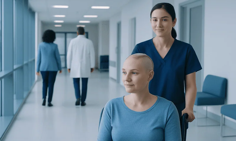 Young patient with hair loss after brain surgery in hospital corridor.
