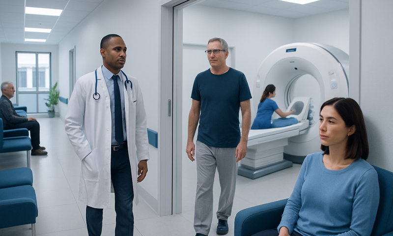 Medical professionals and patient in a hospital corridor near MRI scanner.