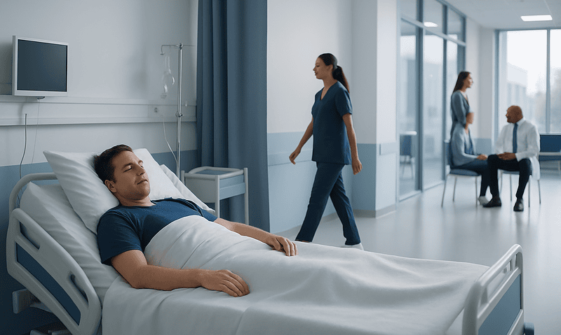 Patient resting in hospital bed with medical staff nearby in a modern hospital room.
