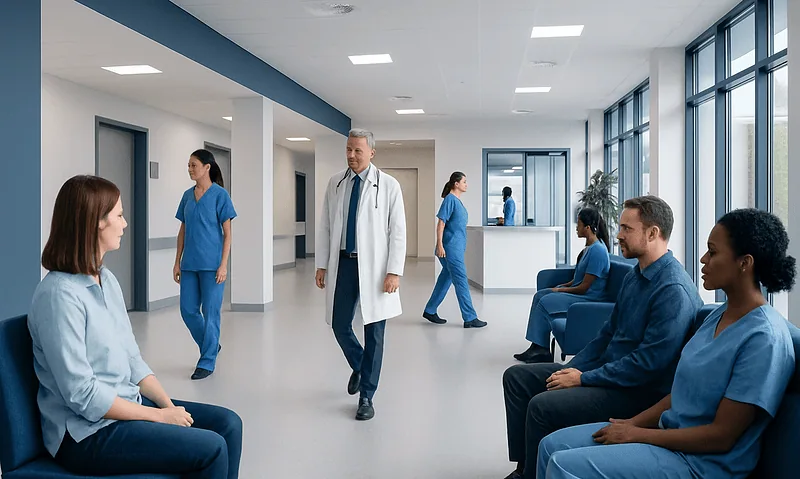 Medical staff and patients in a hospital waiting area.