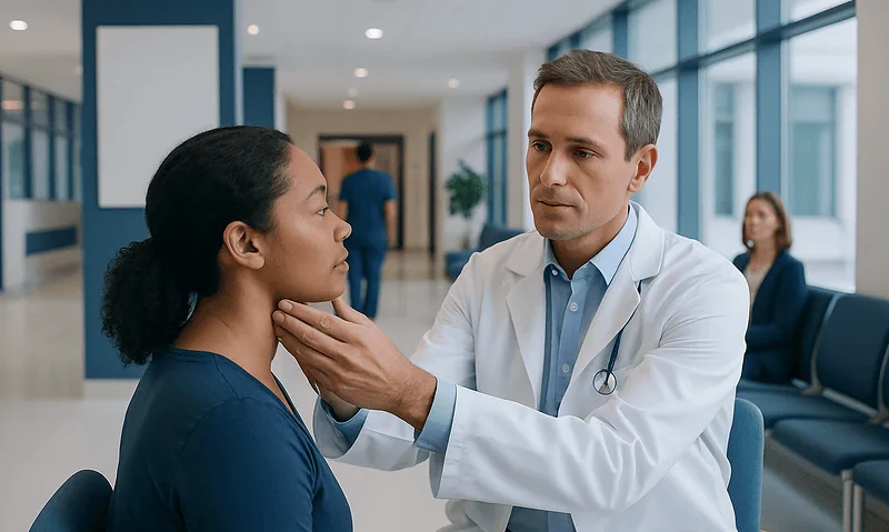 Doctor examining a patient's neck in a hospital corridor.