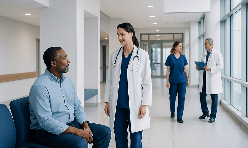 Healthcare professionals consulting with a patient in a hospital corridor.