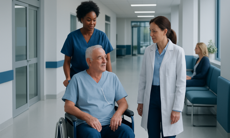 Medical team consulting with a patient in hospital corridor.