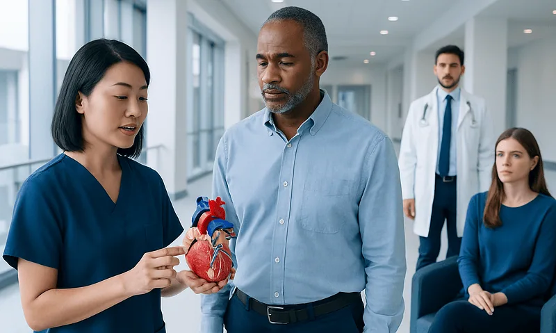 Medical professional explains heart model to patient in hospital corridor.