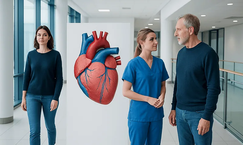 Medical professionals discuss heart health near a heart diagram at Acibadem Hospitals.