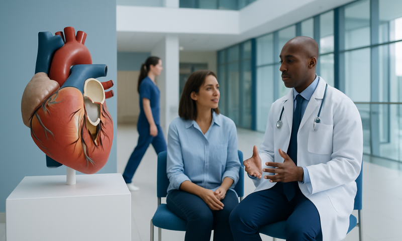 Cardiologist explaining heart health to a patient in a modern hospital.