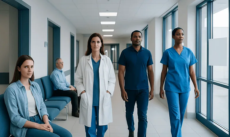 Medical professionals and patients in a hospital corridor.
