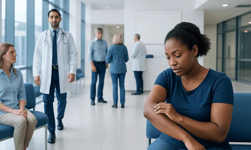 Young woman with dark skin and curly hair appears upset in a hospital waiting area.