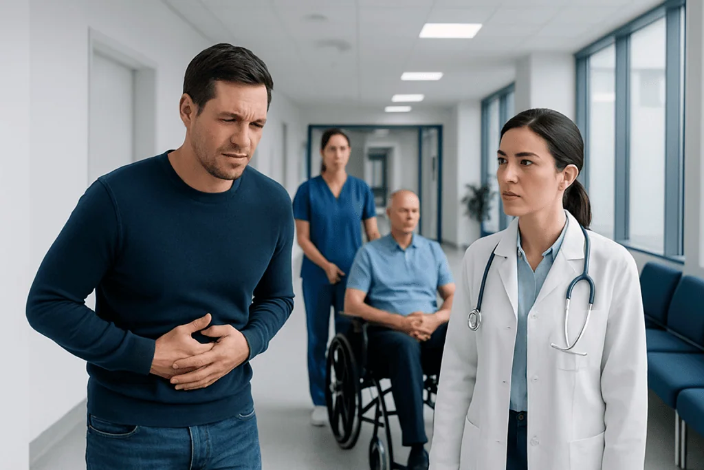 How to Stop Diarrhea in Adults Fast? Causes, Explanations, and Next Steps 1 Man experiencing stomach pain in hospital corridor with medical staff and patient in wheelchair.