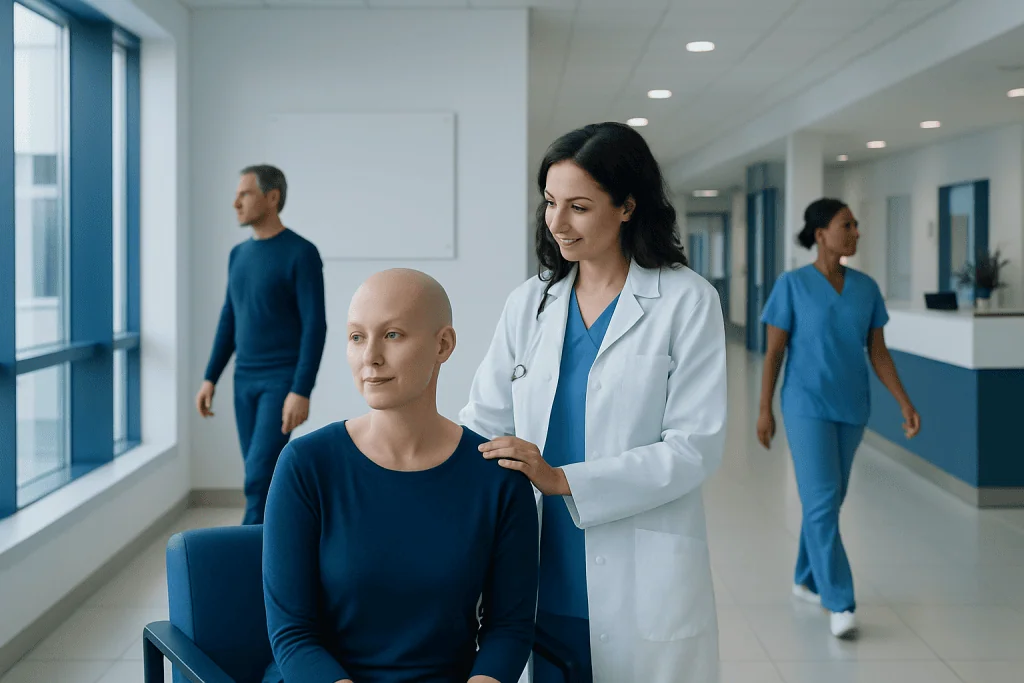 What Helps Hair Growth after Chemo: How It Works, Results and What to Expect 1 Doctor with patient in hospital corridor, healthcare setting.