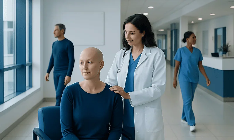 Doctor with patient in hospital corridor, healthcare setting.