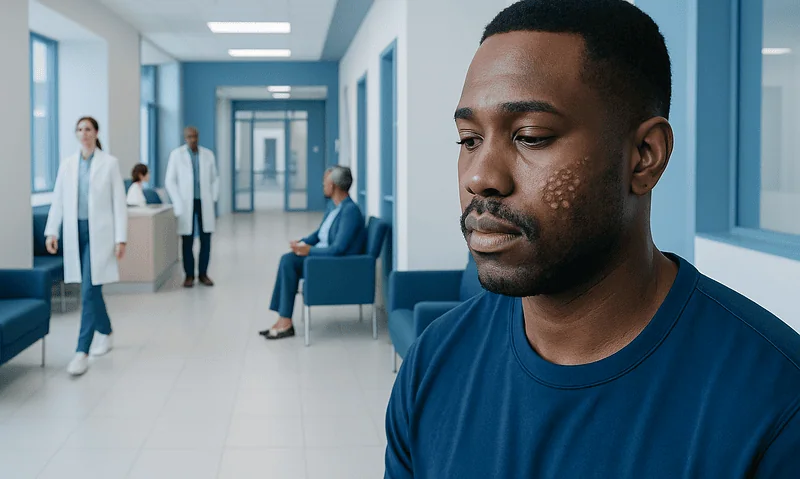 Patient with herpes on black skin in hospital corridor.