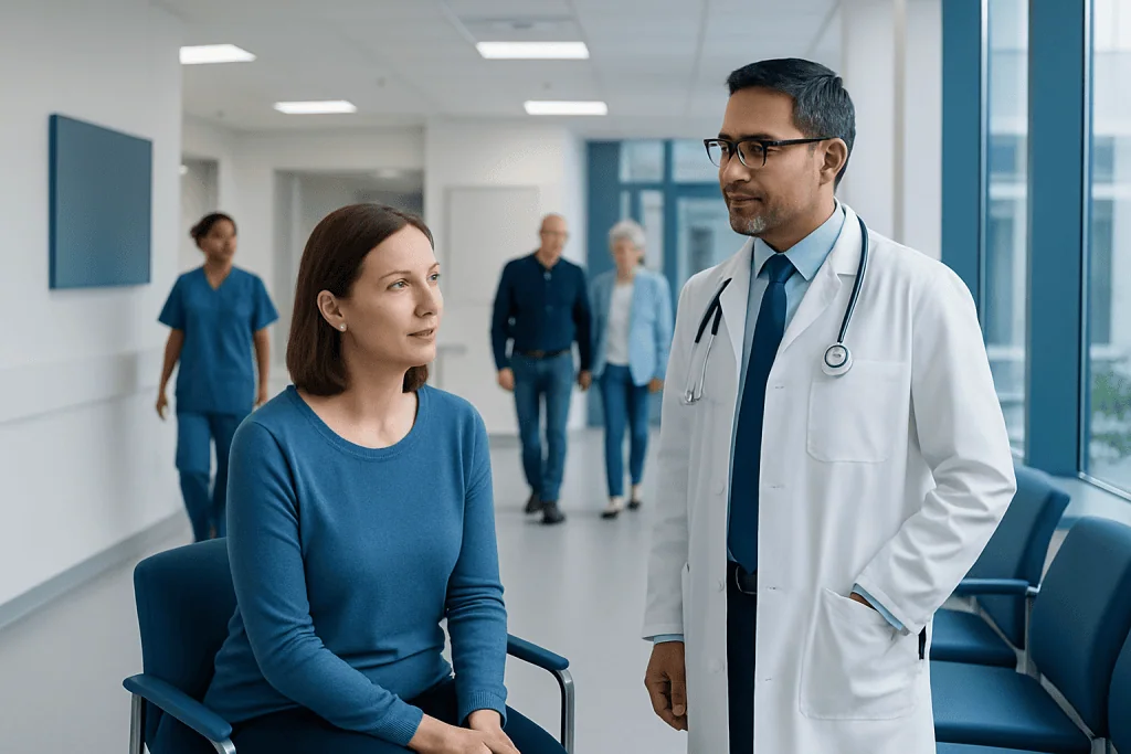 Heterogeneous Myometrium Treatment: How It Works, Results and What to Expect 1 Doctor consulting a female patient in a hospital corridor.