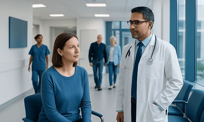 Doctor consulting a female patient in a hospital corridor.