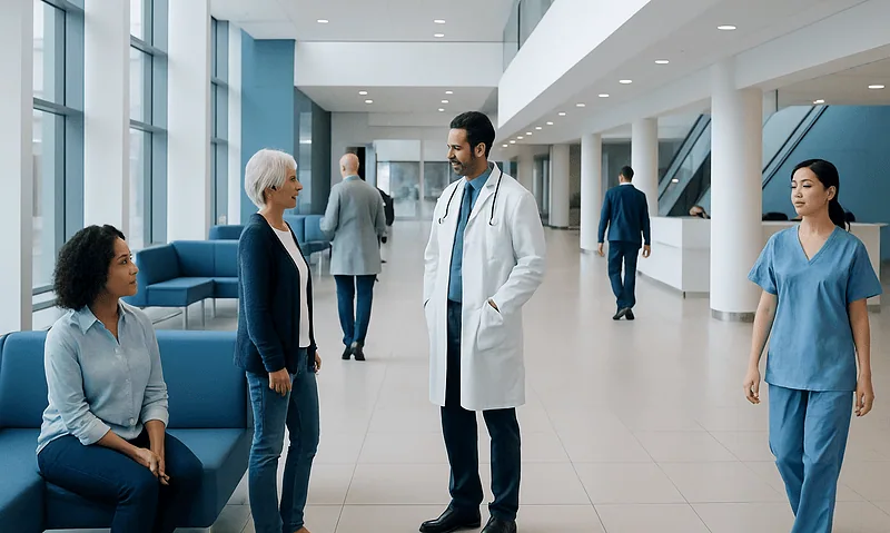 Healthcare professionals and patient in a modern hospital lobby.